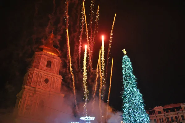 Fireworks Christmas Village Kyiv Ukraine — Stock Photo, Image