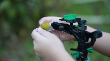 Eller üzerinde otomatik yağmurlama arka bahçe tarafından Kamkat yıkama çocuğun doğa arka plan bulanık. Açık havada gündüz.