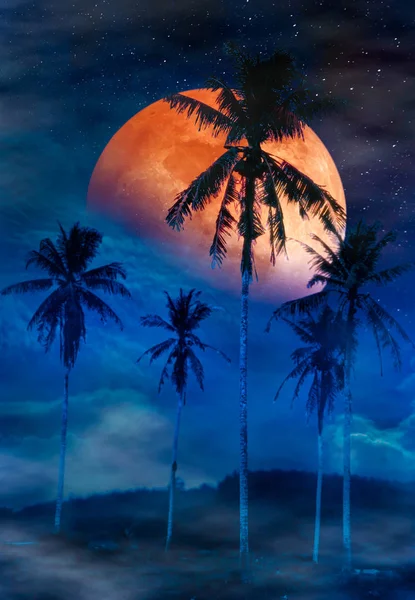 Red Moon Blood Moon Many Stars Clouds Beautiful Night Landscape — Stock Photo, Image