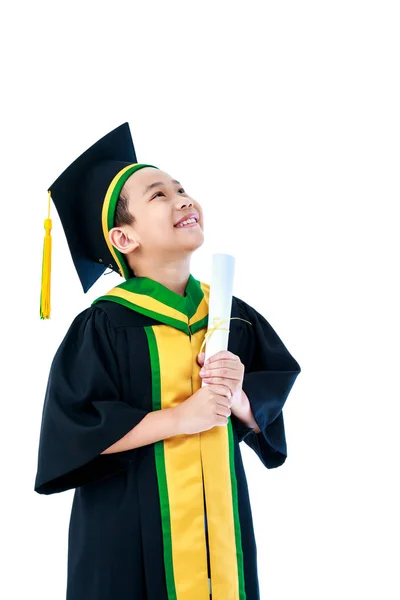 Graduación Del Jardín Infantes Niño Asiático Vestido Graduación Con Certificado —  Fotos de Stock