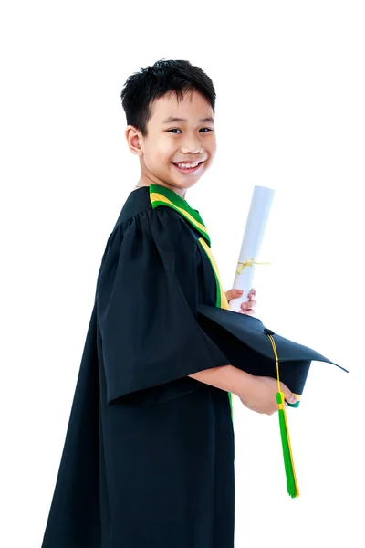 Mateřská Škola Promoce Boční Pohled Asijské Dítě Maturitní Šaty Držení — Stock fotografie