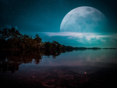 Fotoğraf manipülasyon. Manzara çok yıldız ile gece gökyüzünün. Güzel süper ay kısmi ağaçlar, göl alanı siluetleri üzerinde bulutlu arkasında. Serenity doğa arka plan. Benim fotoğraf makinesi ile çekilen ay.