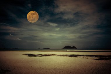 Gece deniz manzarası güzel tropikal plaj. Çekici parlak dolunay bulutlu karanlık gökyüzü üzerinde. Serenity doğa arka plan. Vintage filtre efekti. Benim fotoğraf makinesi ile çekilen ay.