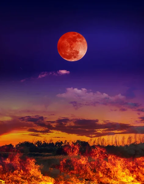 Eclipse lunar. Céu noturno com lua de sangue acima do fogo está queimando o prado . — Fotografia de Stock
