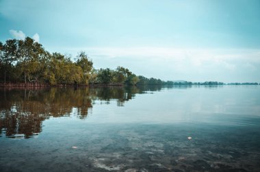 Mavi gökyüzü ve nehir alanı üzerinde bulutlu. Serenity doğa arka plan.