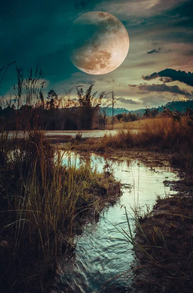 Paisaje por la noche en el lago del bosque y la oscuridad cielo super luna en el fondo . —  Fotos de Stock