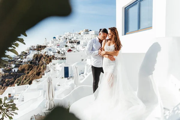 Hochzeit Auf Der Griechischen Insel Santorin Schönes Paar Braut Weißen — Stockfoto