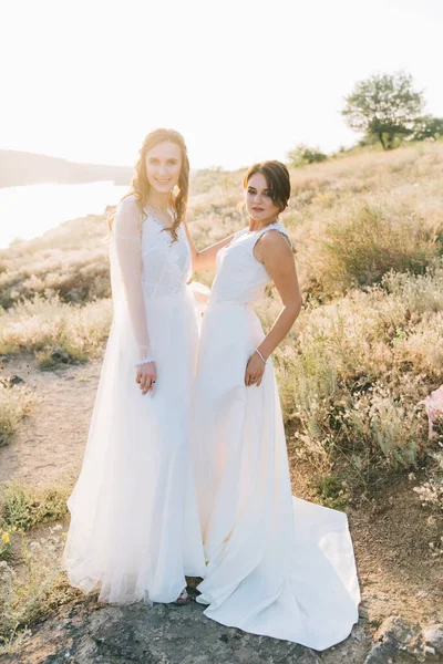 Lesbian Wedding Couple White Dresses — Stock Photo, Image