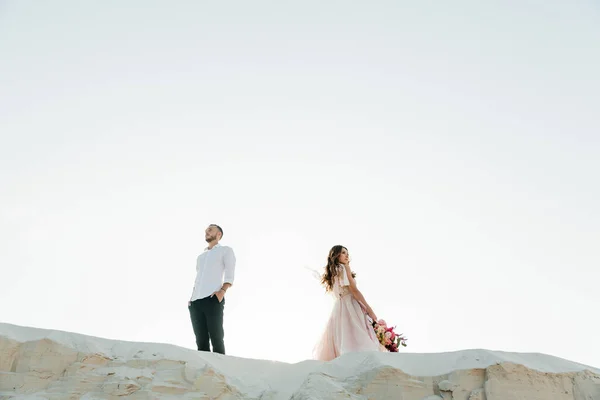 Güzel Bir Çiftin Aşk Hikayesi Pembe Bir Gelinlik Içinde Sahra — Stok fotoğraf