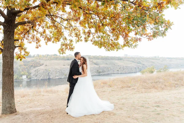 Passeio Casamento Belo Par Luxuoso Noiva Vestido Branco Casamento Com — Fotografia de Stock