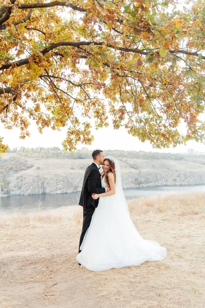 Passeio Casamento Belo Par Luxuoso Noiva Vestido Branco Casamento Com — Fotografia de Stock