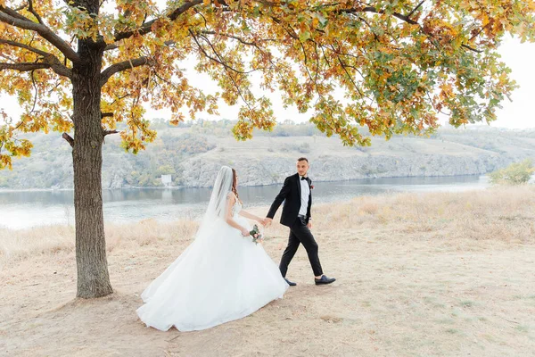 Wedding walk of a beautiful luxurious couple, the bride in a wedding white dress with a bouquet and the groom in a black suit in nature outdoors