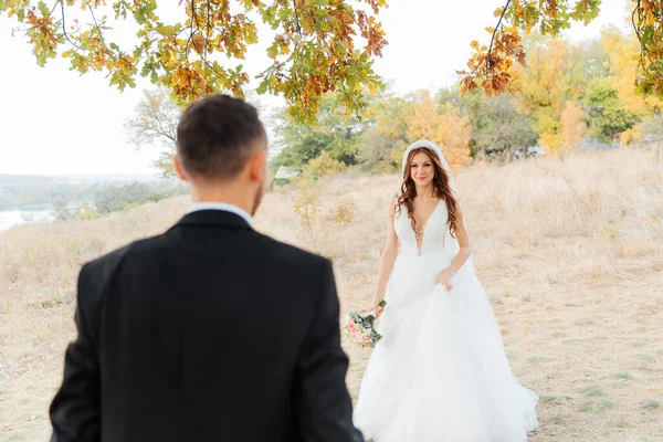 Passeggiata Nuziale Una Bella Coppia Lusso Sposa Abito Bianco Nozze — Foto Stock