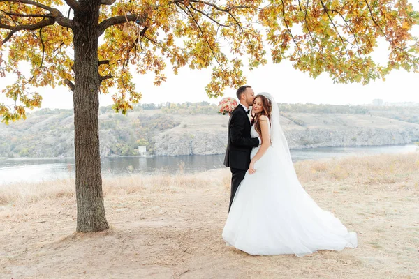 Passeio Casamento Belo Par Luxuoso Noiva Vestido Branco Casamento Com — Fotografia de Stock