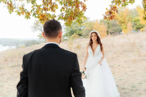 Marche Mariage Beau Couple Luxueux Mariée Dans Une Robe Blanche — Photo