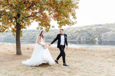 Güzel, lüks bir çiftin düğün yürüyüşü, gelin beyaz bir elbise ve bir buket ve damat açık havada siyah bir takım elbise içinde