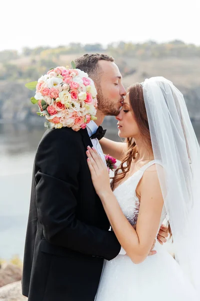 Paseo Bodas Una Hermosa Pareja Lujo Novia Vestido Blanco Boda — Foto de Stock