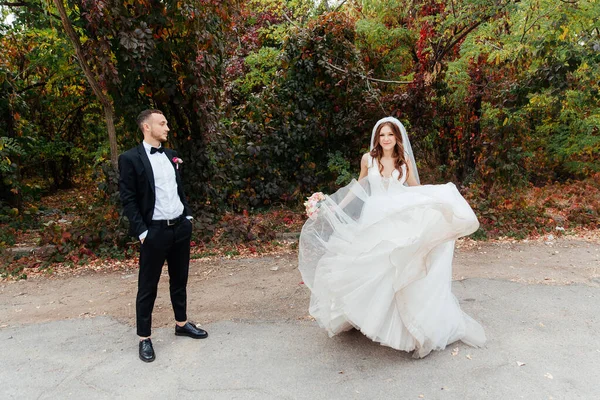 Wedding walk of a beautiful luxurious couple, the bride in a wedding white dress with a bouquet and the groom in a black suit in nature outdoors