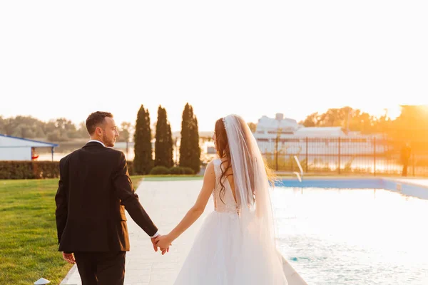 Güzel Lüks Bir Çift Siyah Takım Elbiseli Damat Duvağı Beyaz — Stok fotoğraf