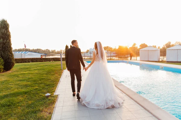 Bella Coppia Lusso Sposo Abito Nero Sposa Con Velo Abito — Foto Stock