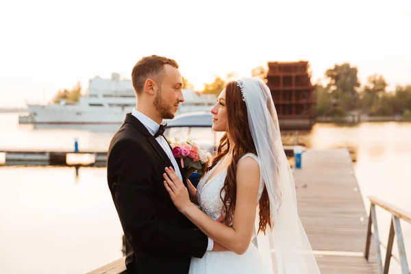 Hermosa Pareja Lujo Novio Traje Negro Novia Con Velo Vestido — Foto de Stock