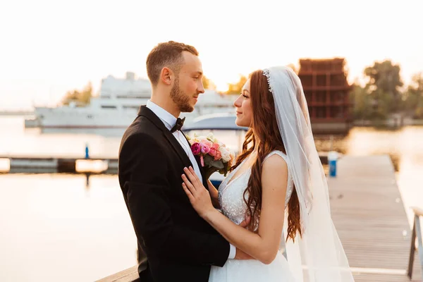 Güzel Lüks Bir Çift Siyah Takım Elbiseli Damat Duvağı Beyaz — Stok fotoğraf