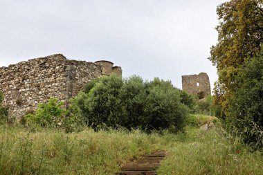 Eski, tarihi, yıkık dökük Grimaud kalesi orman ve tarlasıyla, Cote d 'Azur, Fransız Rivierası