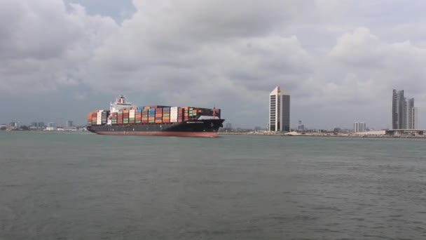 Juni 2019 Beelden Van Een Vrachtschip Geladen Met Container Arriveert — Stockvideo