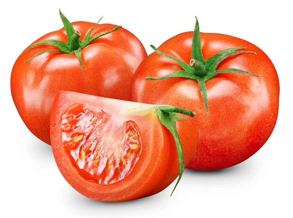 白で隔離の葉とおいしいトマト — ストック写真