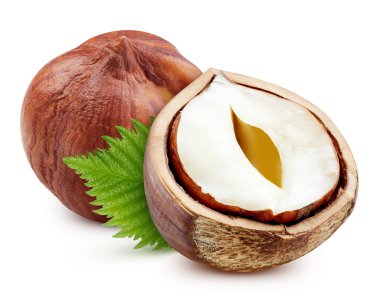 Fındıklı. Fındık, beyaz arka planda izole edilmiş. Fındık kesme yolu.