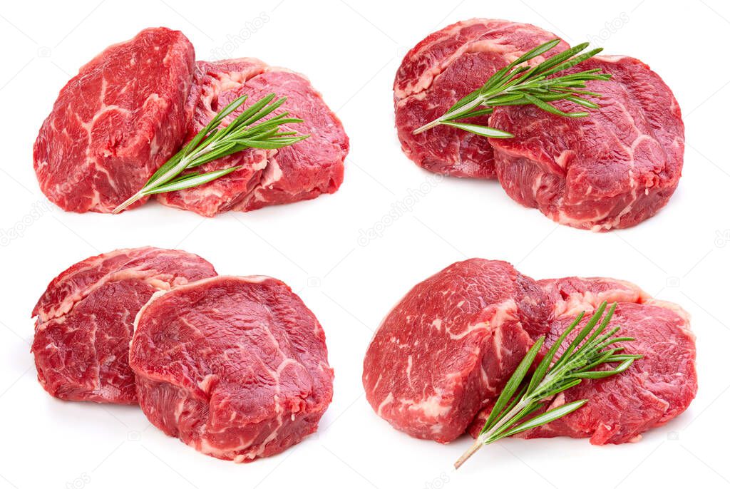 Fresh raw rib eye steaks isolated on white background. Beef steak with rosemary, sliced fresh meat. Steak collection clipping path. Full depth of field