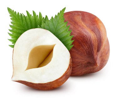 Fındık, beyaz arka planda izole edilmiş. Fındıklı, yarı makro stüdyo fotoğrafı. Yapraklı fındık. kırpma yolu ile