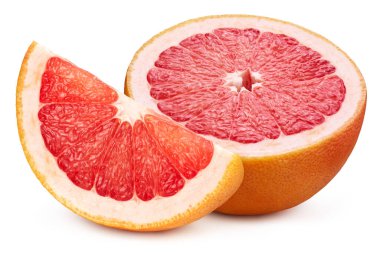 Greyfurt meyveli makro stüdyo fotoğrafı. Greyfurt Kırpma Yolu. Olgun greyfurt meyvesi ve kesme yolu ile izole edilmiş beyaz bir zemin..