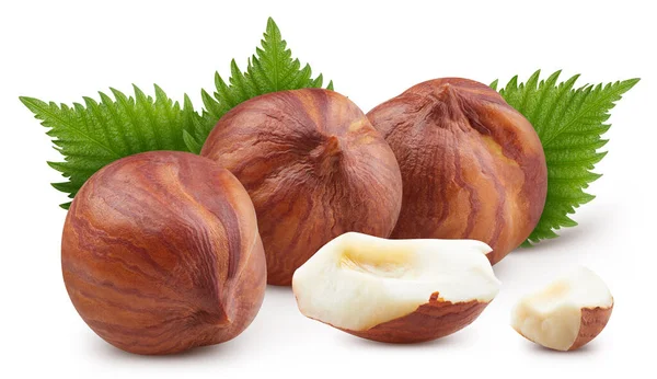 Beyaz arka planda izole edilmiş organik fındık. Yapraklı fındık tadı. Kırpma yolu ile tam alan derinliği