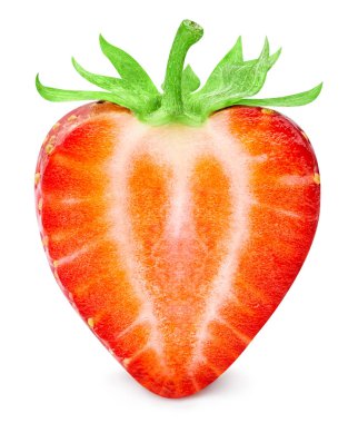 Beyaz arka planda izole edilmiş organik çilekler. Yapraklı çilek tadı. Kırpma yolu ile tam alan derinliği