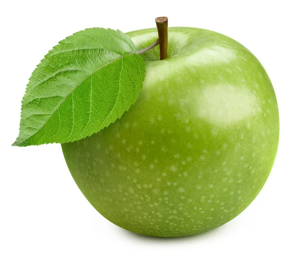 Świeże Organiczne Zielone Jabłko Liśćmi Białym Tle Zielone Jabłko Odizolowana — Zdjęcie stockowe