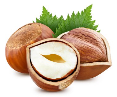 Beyaz arka planda yaprakları olan fındıklı yarısı. Filbertler kırpma yolu.