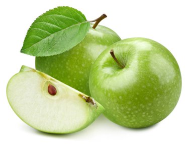 İki yeşil elma ve yeşil yapraklı dilim.