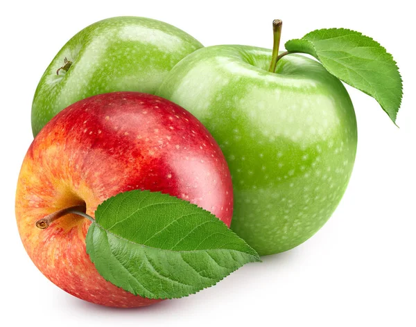Κόκκινα Και Πράσινα Μήλα Φύλλα Λευκό Φόντο Μήλο Μονοπάτι Αποκοπής — Φωτογραφία Αρχείου