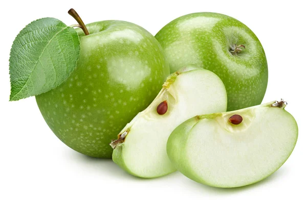 Zwei Grüne Äpfel Und Scheiben Mit Grünem Blattschnitt Frischer Bio — Stockfoto