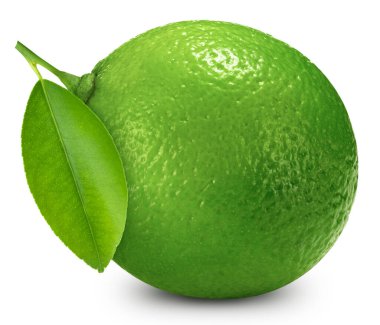 Yapraklı bir limon. Beyaz arka planda izole edilmiş organik kireç. Yapraklı limon tadı. Kesme yolu