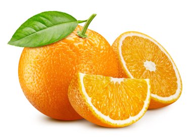 Yapraklı portakal meyvesi. Beyaz üzerine turuncu. Turuncu kırpma yolu.