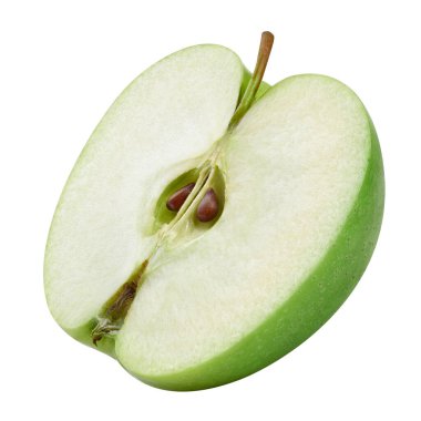 Kırpma yolu olan beyaz bir arka planda yarı izole edilmiş yeşil elma. Apple makro stüdyo fotoğrafı