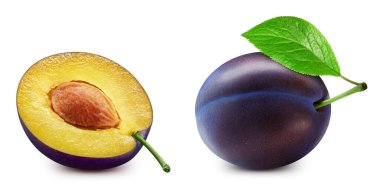 Plum leaves. Plum with slice isolated on white background. Clipping path Plum