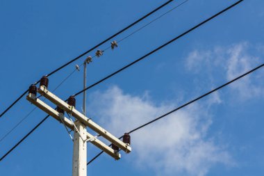 Elektrik direkleri güneş enerji santralleri topluluklar, mavi gökyüzü ile grup kablo kuşlarda komşu için 22kv güç hatları için kullanılır.