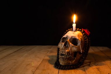 İnsan kafatasları ahşap zemin ve siyah arka plan üzerinde yatıyordu.