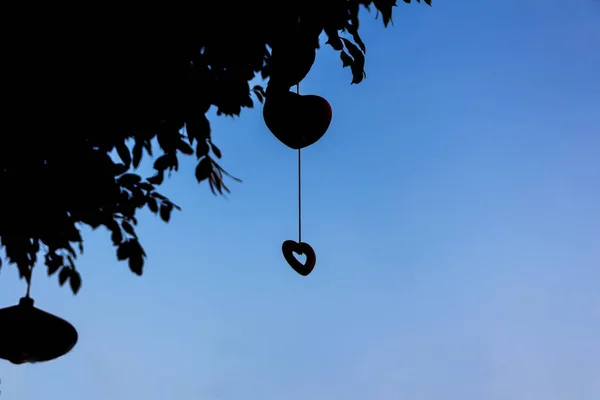 Kvällshimmel Med Siluett Hjärta Hängande Ett Träd — Stockfoto