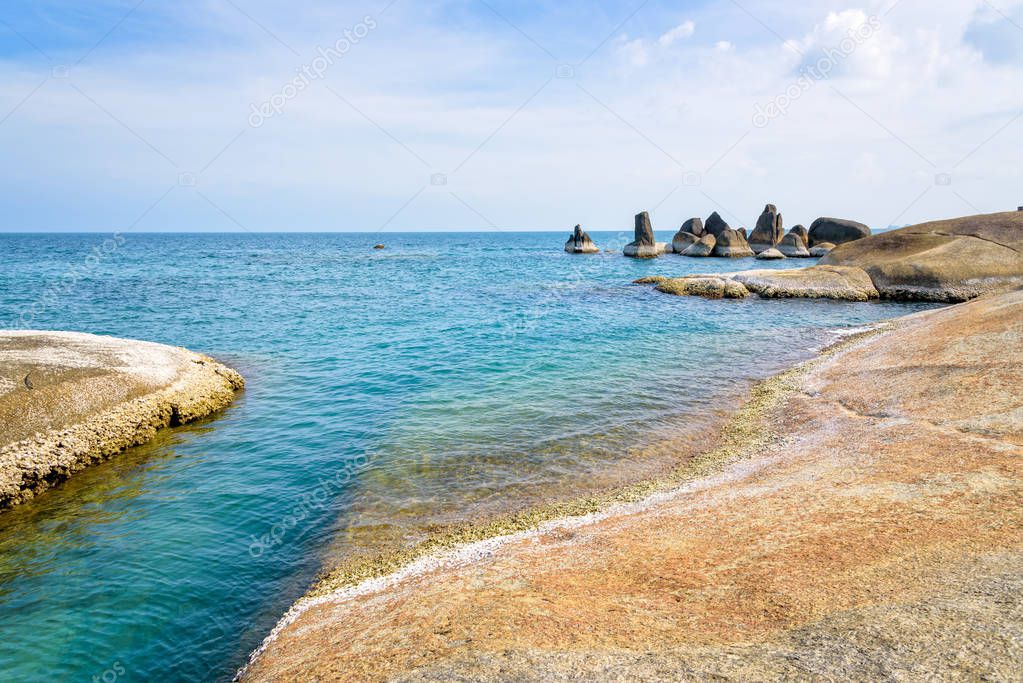 Beautiful natural landscape of the rock and the blue sea at coastline near the Hin Ta Hin Yai scenic view is a symbol famous tourist destinations of Koh Samui island, Surat Thani province, Thailand