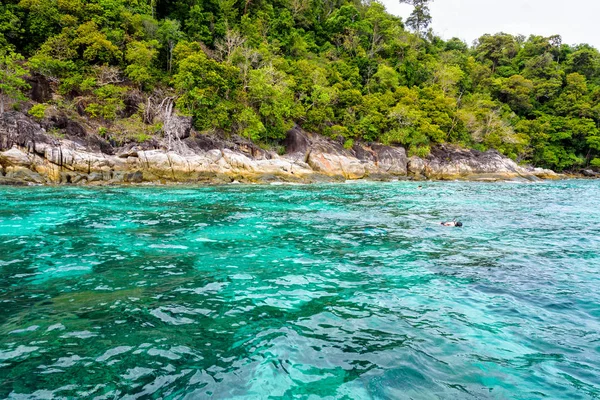 Чистое и чистое сине-зеленое море и турист ныряют с маской — стоковое фото