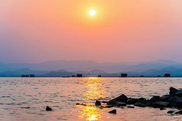 Beautiful Nature Landscape Silhouette Fisherman Boat Fishing Fish Farming Cages — Stock Photo, Image